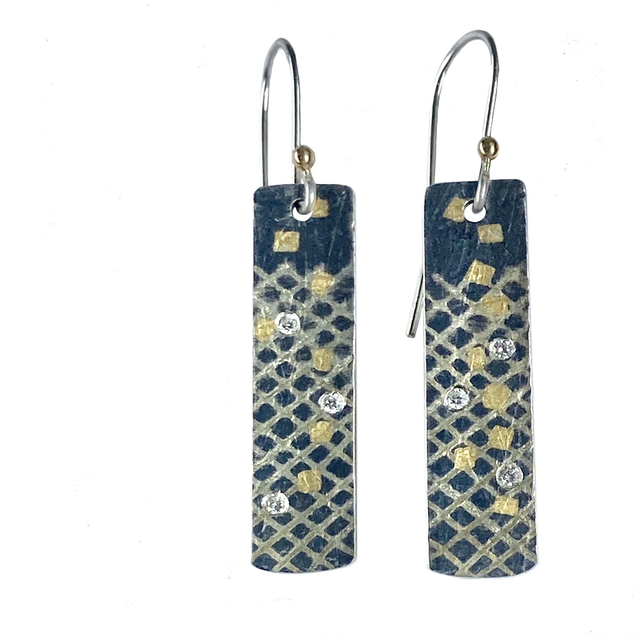 Sterling, 22k and 24k Fused, textured Earrings with 3 VS Diamonds Earrings on Hooks