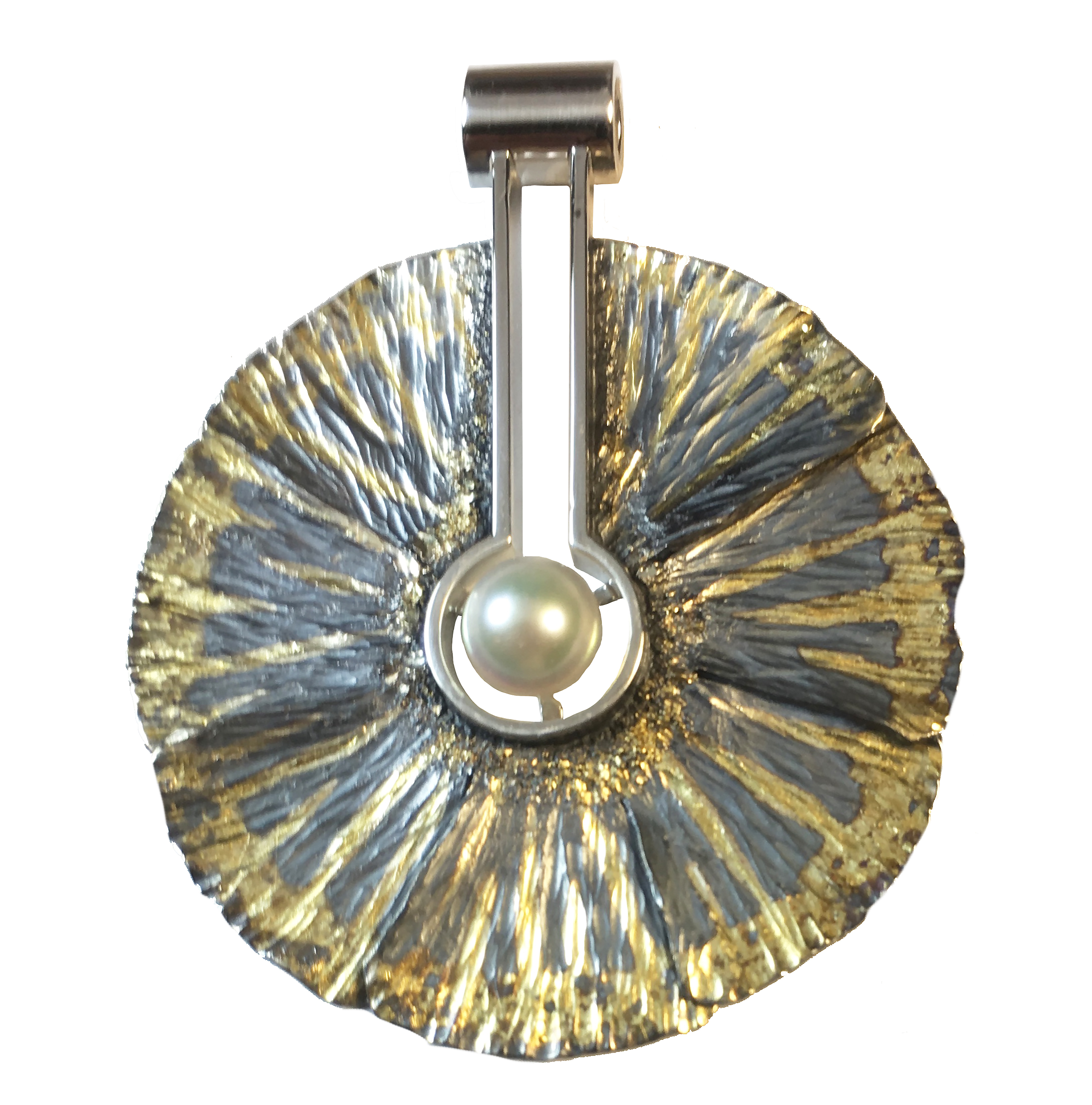 Leafy Round Pendant Sterling, Gold and Pearl